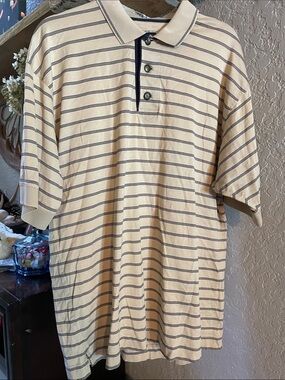Cutter & Buck Short Sleeve Striped Polo in Beige and Navy